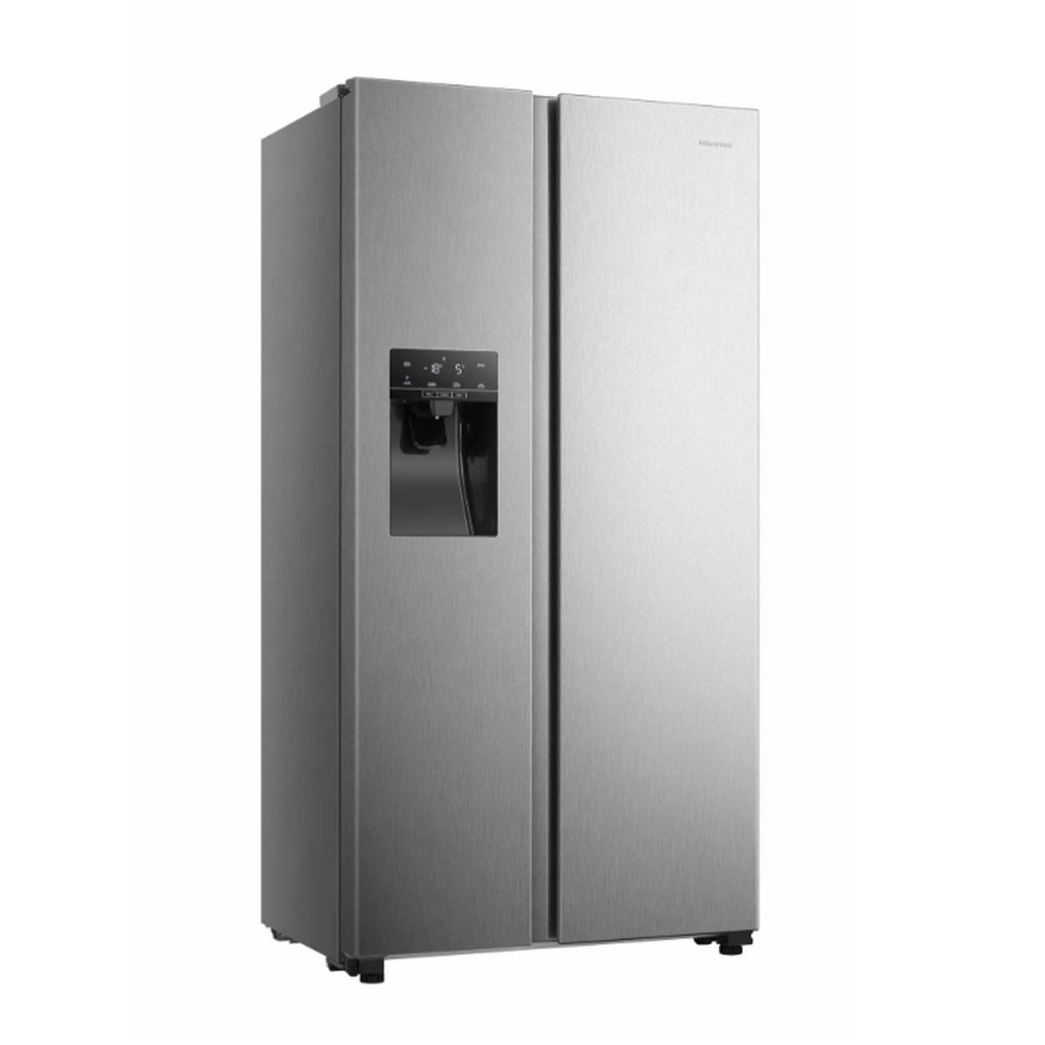 Un refrigerador Hisense de acero inoxidable con dos puertas y un dispensador de agua en la puerta izquierda.