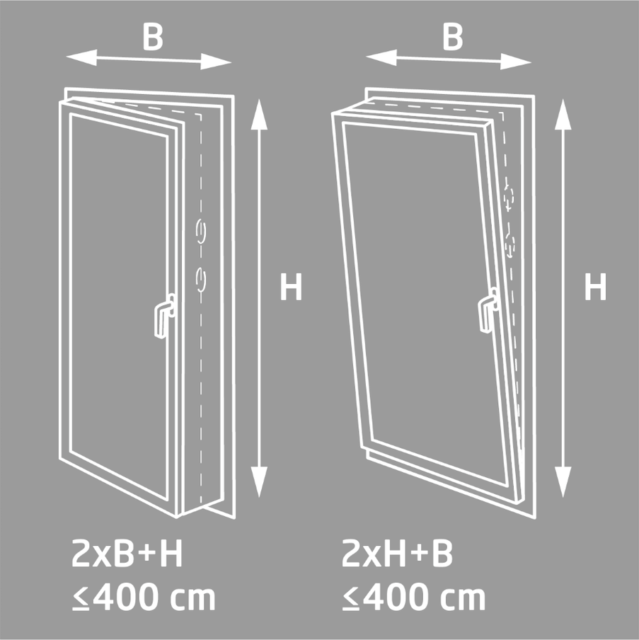 Twee kozijnen met B en H afmetingen, 2xB+H en 2xH+B <lt/>= 400 cm