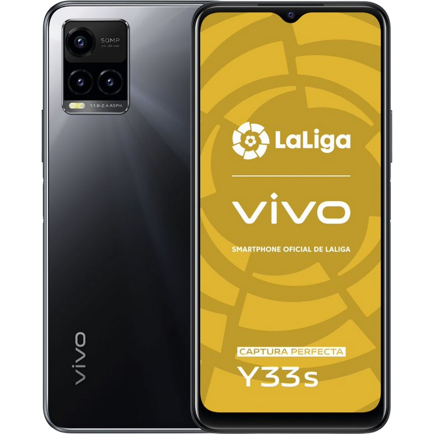 Teléfono negro Vivo Y33s, logotipo de La Liga en la pantalla, con fondo dorado.