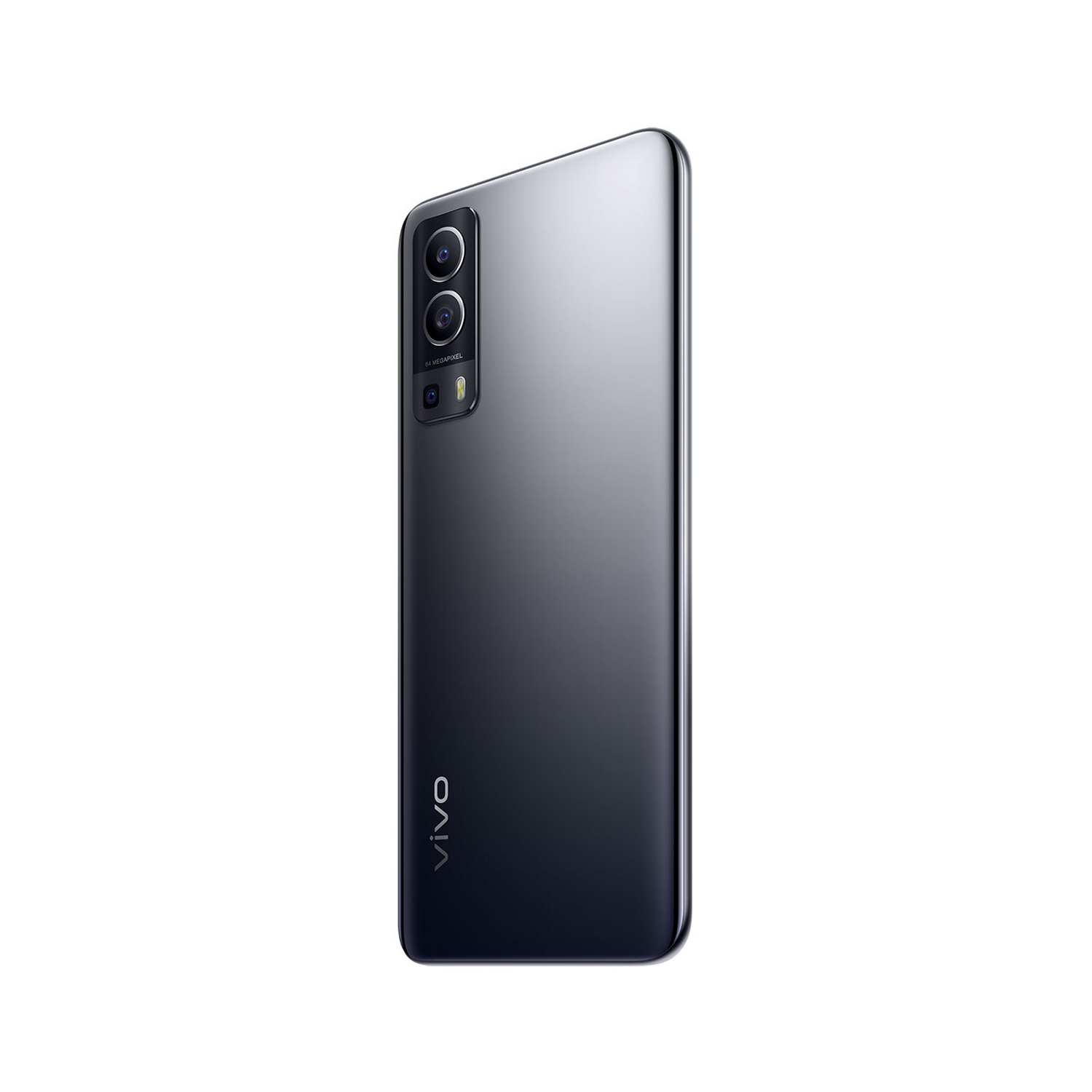 Un teléfono gris oscuro con tres cámaras se muestra desde la parte trasera. Fondo blanco.