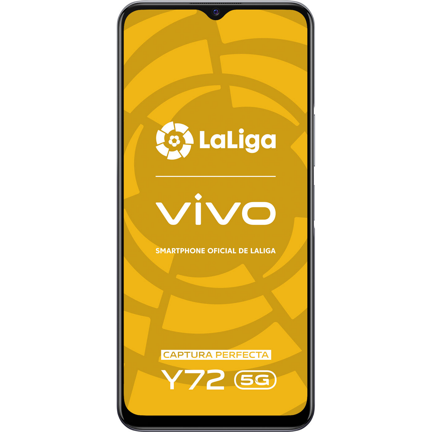 Smartphone con logo LaLiga en pantalla. Fondo amarillo.