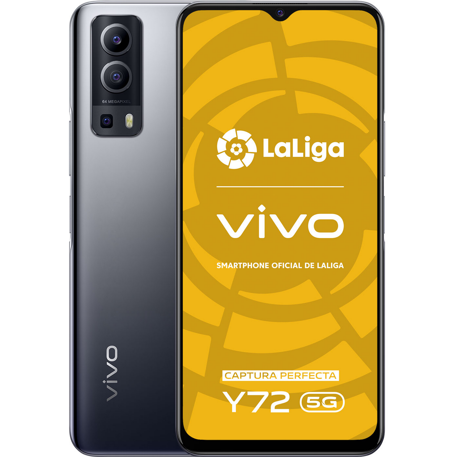 Un teléfono inteligente con el logotipo de La Liga en la pantalla. El teléfono es gris con cámaras negras.