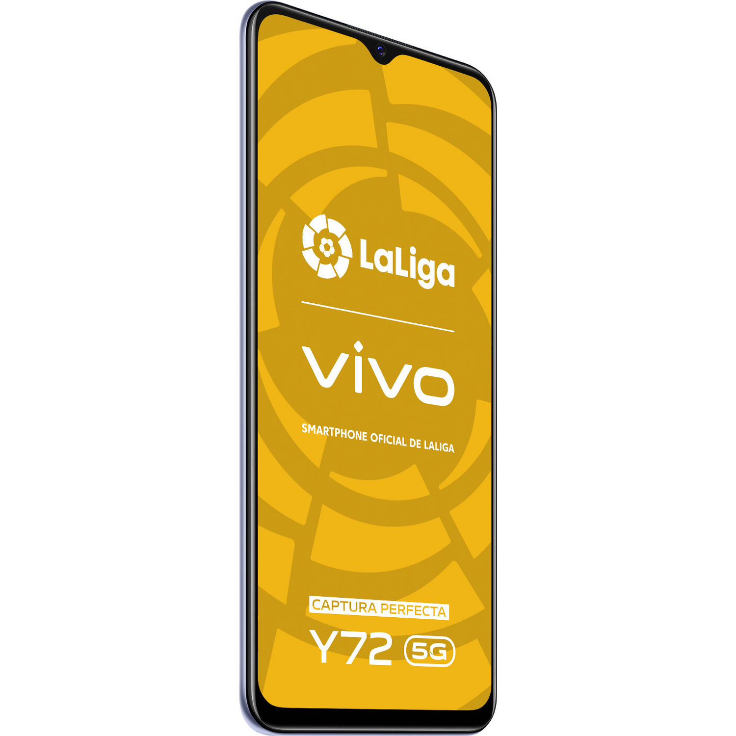 Un teléfono Vivo, fondo amarillo con el logo de LaLiga y el logo de Vivo, smartphone en la pantalla.