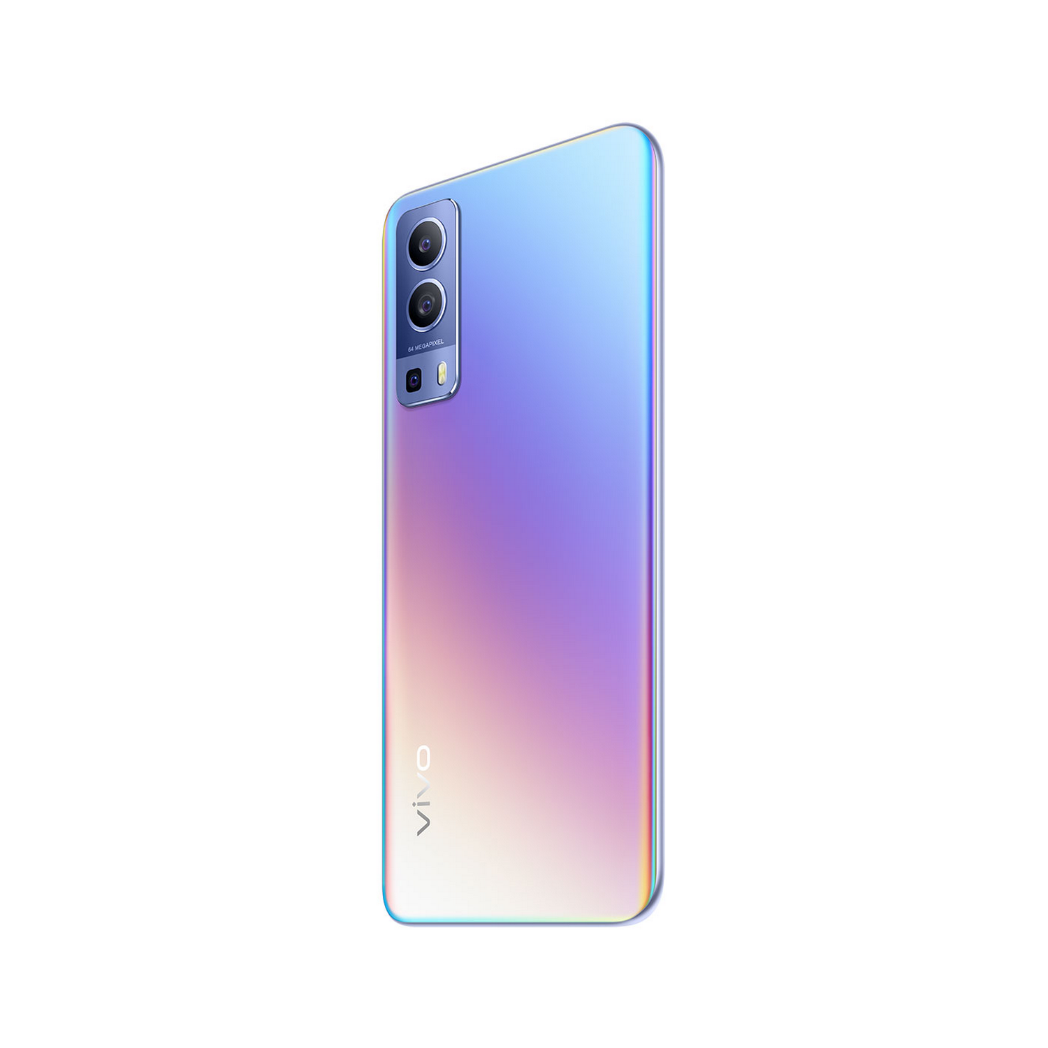 Smartphone Vivo, vista trasera. Degradado multicolor, triple cámara y logo Vivo abajo.