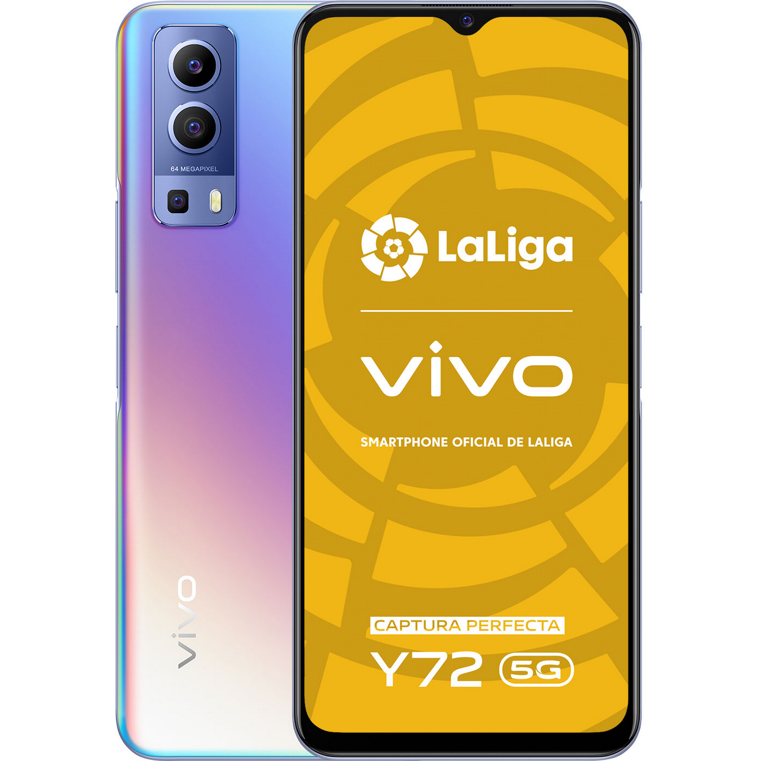 Un smartphone Vivo Y72 5G morado y plateado, con el logo de La Liga en la pantalla.