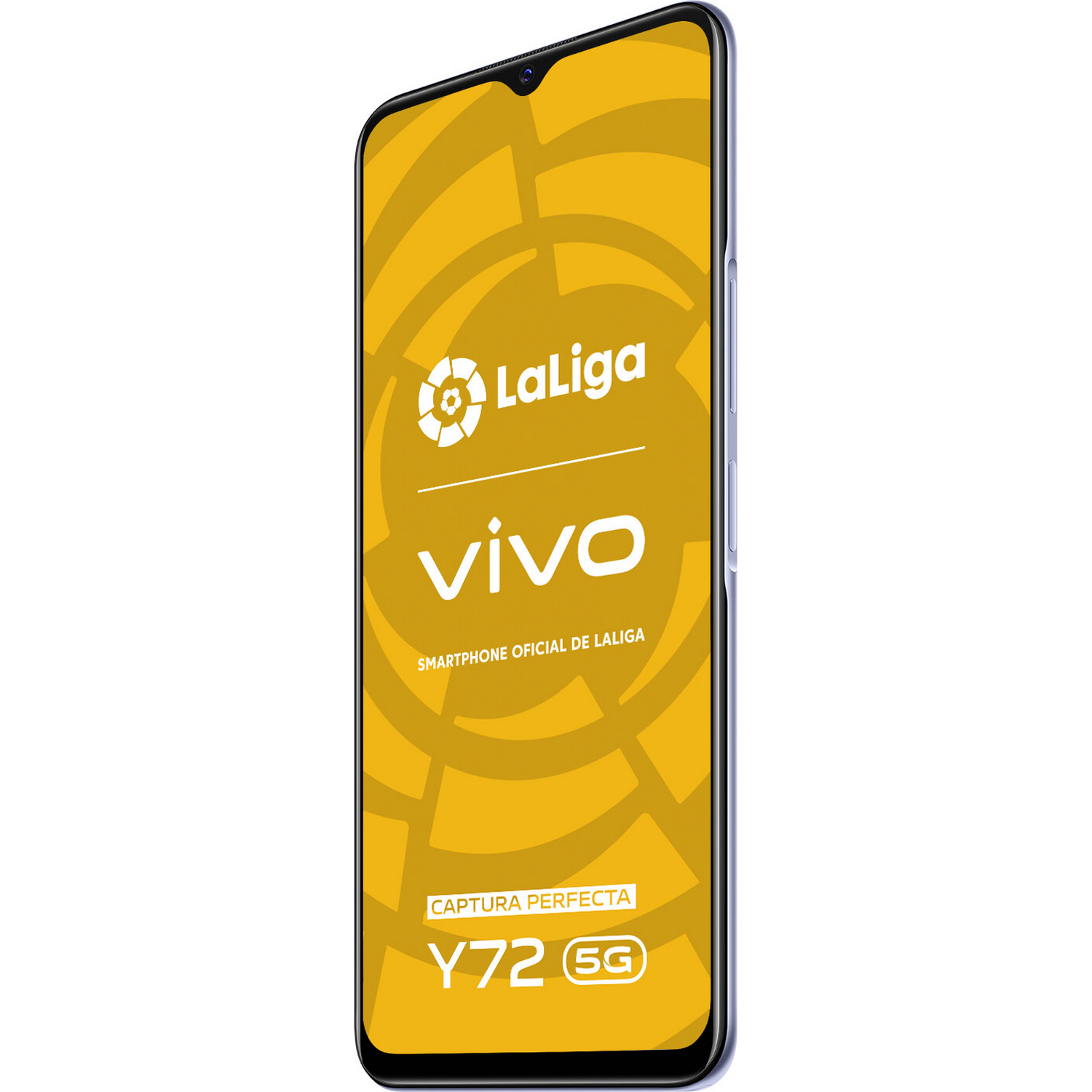 Un teléfono con una pantalla de LaLiga Vivo, con fondo amarillo y dorado.