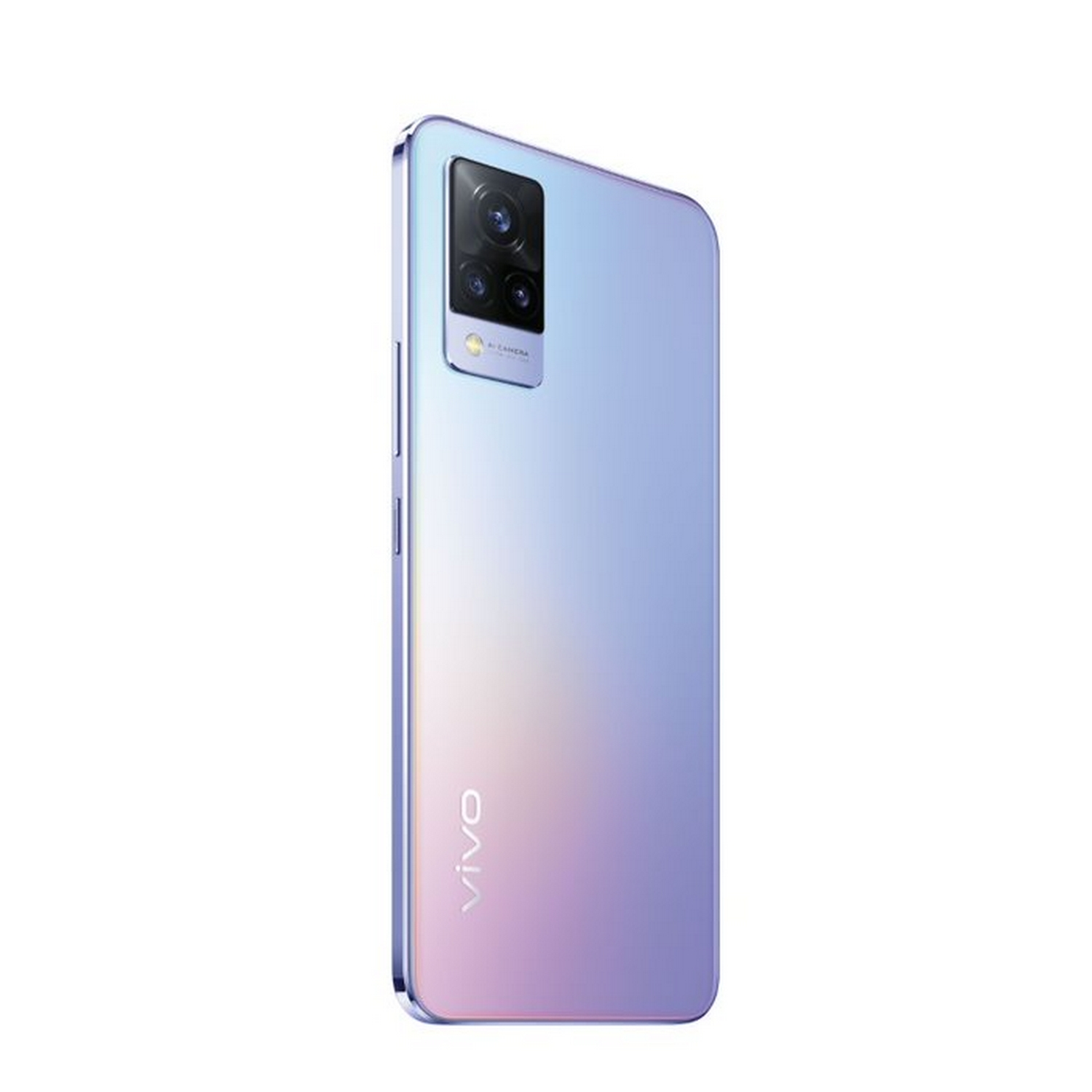 Un smartphone violeta con una protuberancia de cámara en la parte trasera, visto en ángulo.