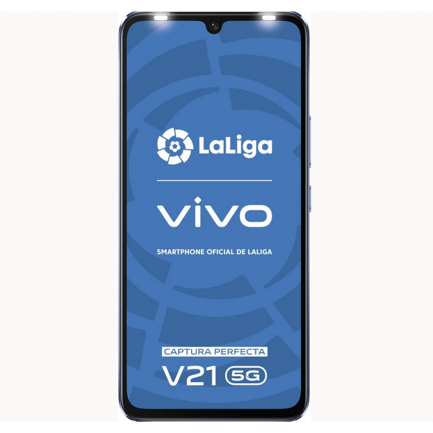 Smartphone Vivo con pantalla que muestra los logos de La Liga y Vivo y el texto V21 5G.
