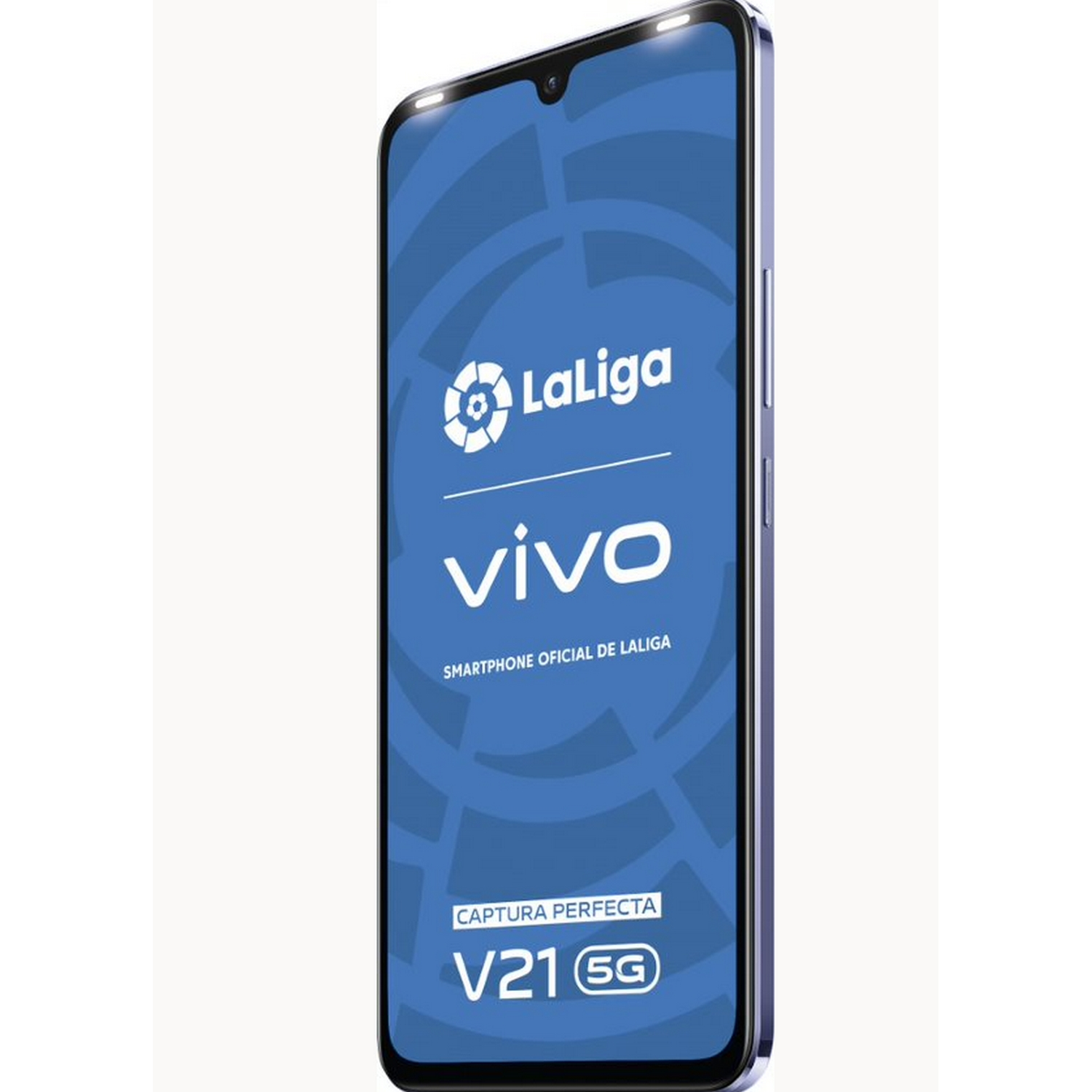Un teléfono con el logotipo de LaLiga en la pantalla. Fondo azul.