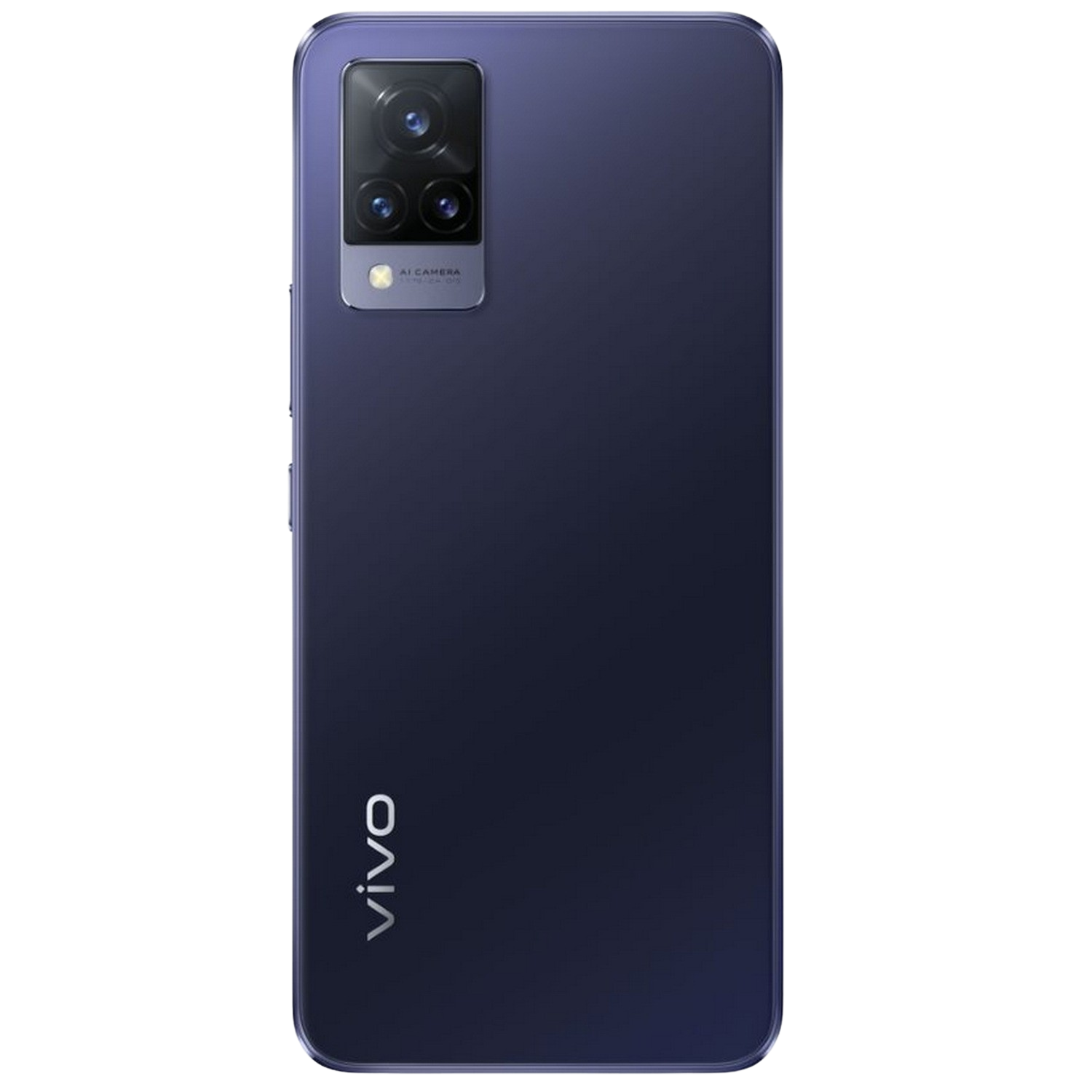 Teléfono Vivo morado, vista trasera. Cámara y logotipo visibles. Fondo negro.