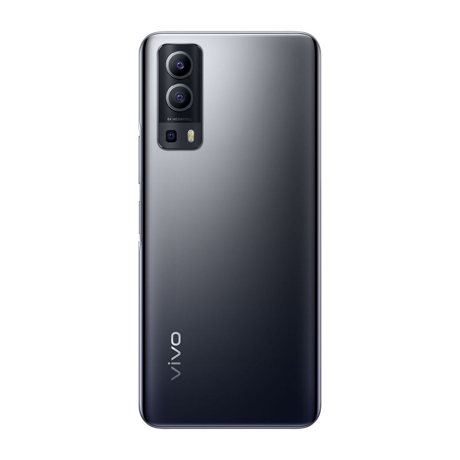 La parte trasera de un teléfono negro con una configuración de doble cámara y el logotipo de Vivo. Tiene un color degradado.