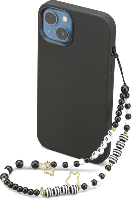 Zwarte iPhone in een zwarte hoes met een kralenriem. Riem heeft 'DREAM' en sterbedels.