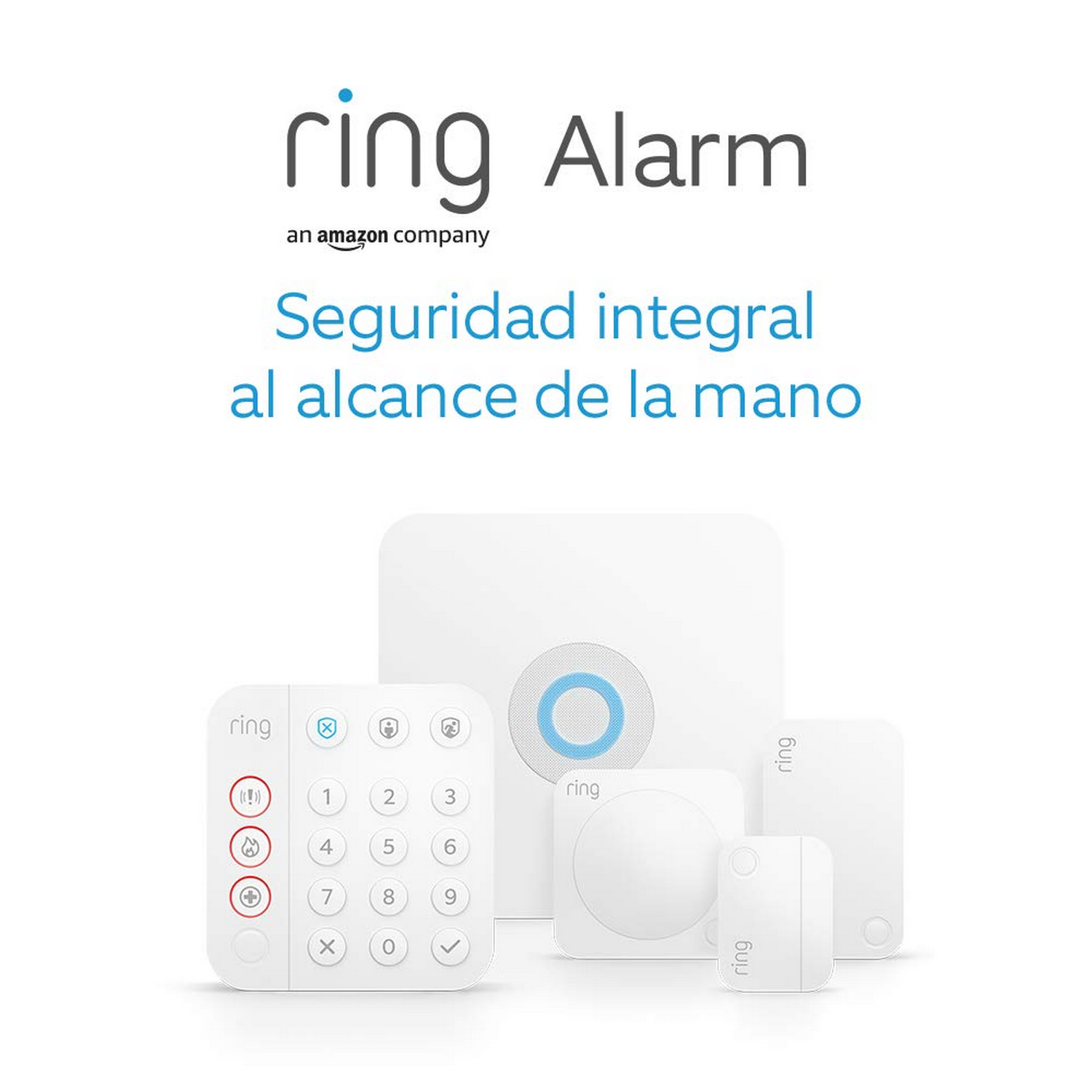 Un kit de sistema de seguridad con panel de control, teclado y varios sensores.