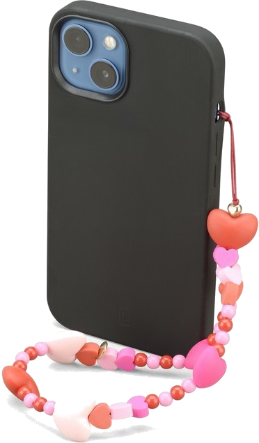 Téléphone noir avec une sangle en forme de cœur. Coeurs et perles ornent la sangle.