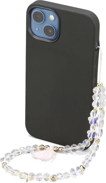 Coque de téléphone noire avec lanière de perles de cristal. La lanière a un pompon rose et des accents dorés.