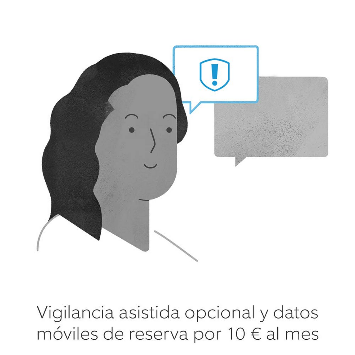 Ilustración de una mujer con bocadillo. Texto anuncia vigilancia asistida opcional.