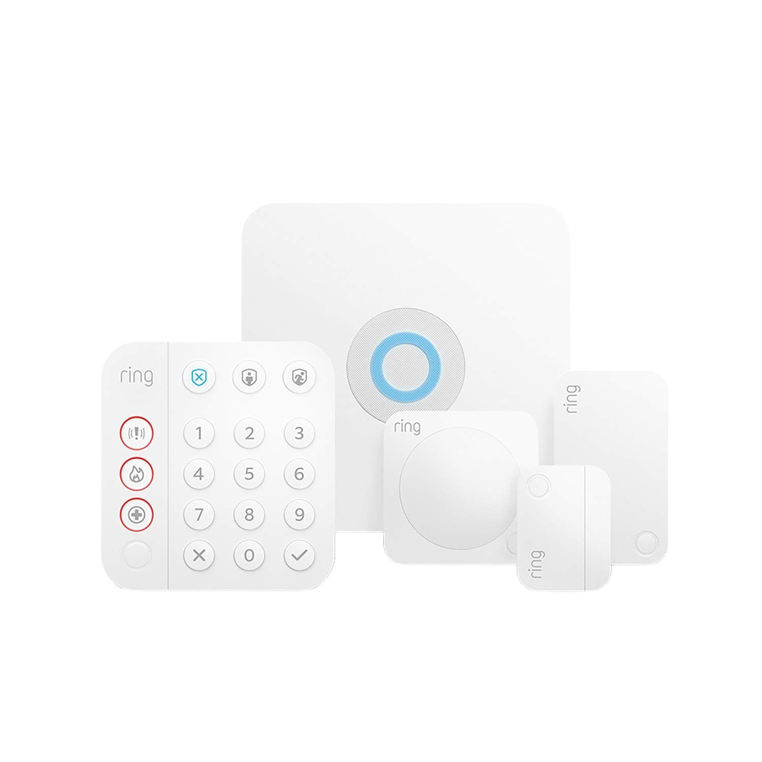 Dispositivos del sistema de seguridad Ring: teclado, estación base, sensores de contacto y un detector de movimiento.
