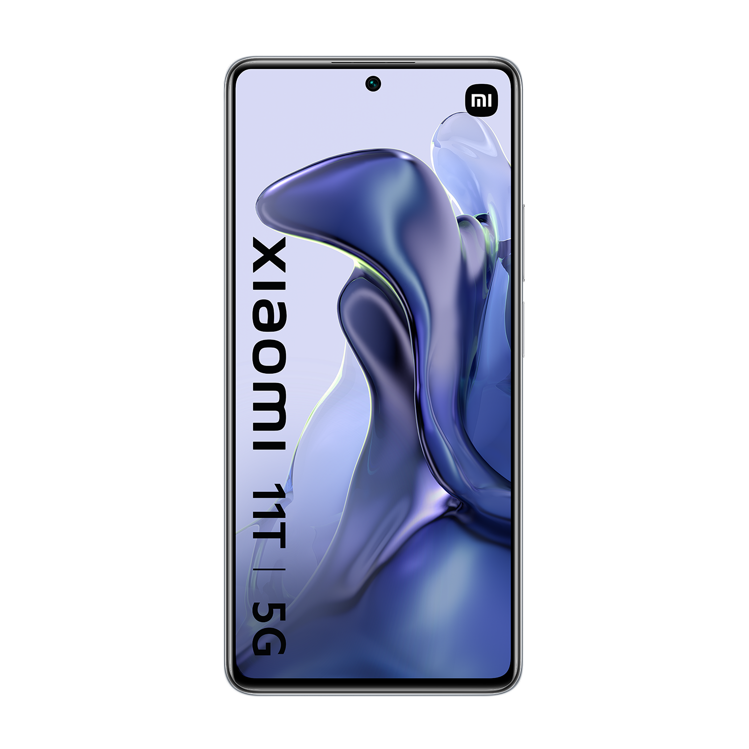 Smartphone con Xiaomi 11T 5G en la pantalla. La pantalla tiene tonos azules y morados.