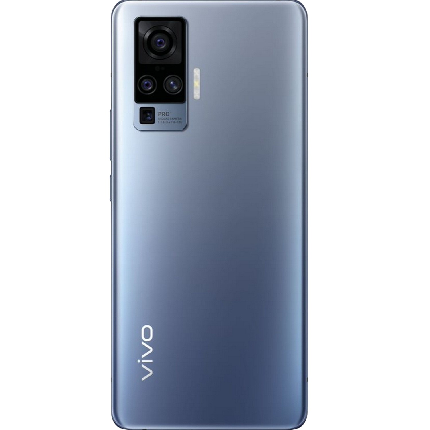 Vista trasera de un smartphone azul-gris con una configuración de cámara cuádruple y el logotipo de Vivo.