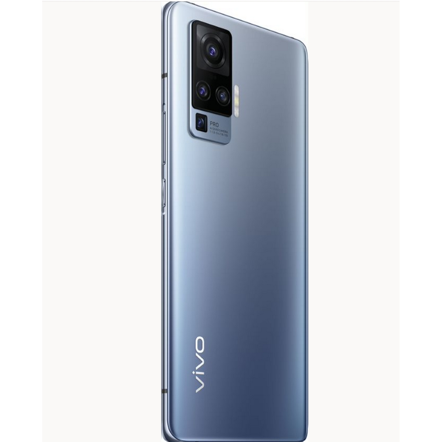 Teléfono Vivo azul, tres cámaras traseras. Texto Vivo en la parte inferior.