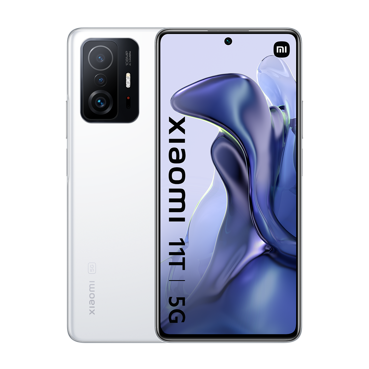 Smartphone blanco, lentes de cámara traseras, pantalla muestra texto.