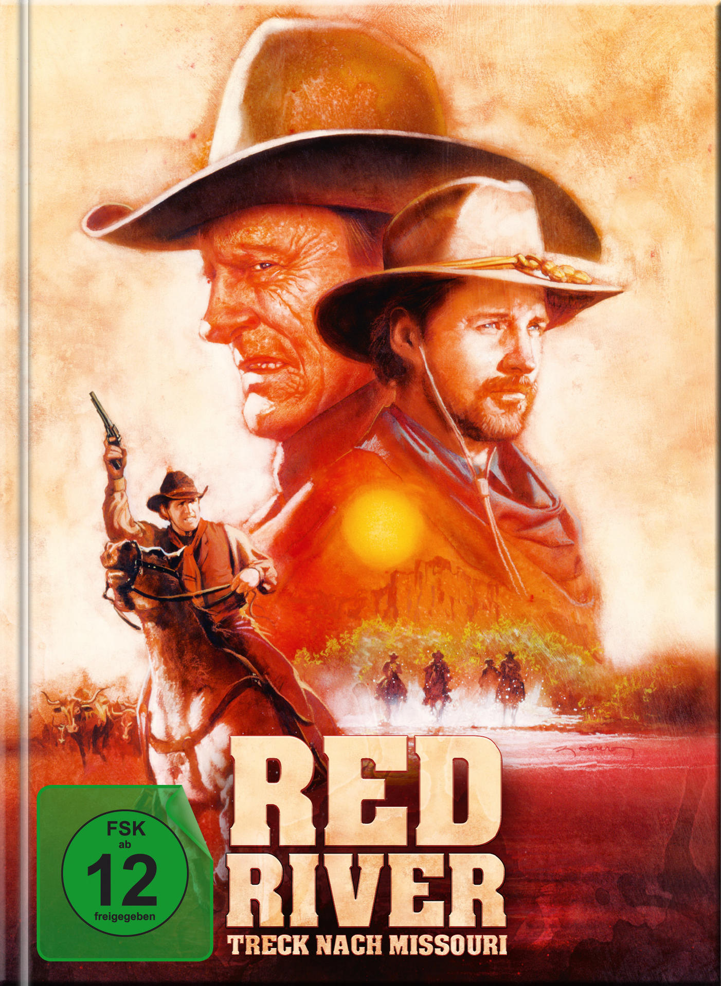 Filmplakat von Red River mit Cowboys und einem Fluss. Dramatische Beleuchtung.