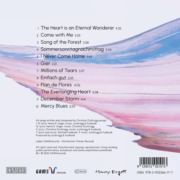 Album-Rückseite mit Titelliste, Credits und Barcode. Pastellfarbene Muster im Hintergrund.