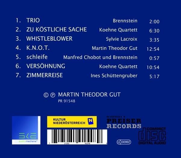Rückseite einer CD-Hülle mit Titelliste, Künstlernamen und Laufzeiten auf dunkelblauem Hintergrund.