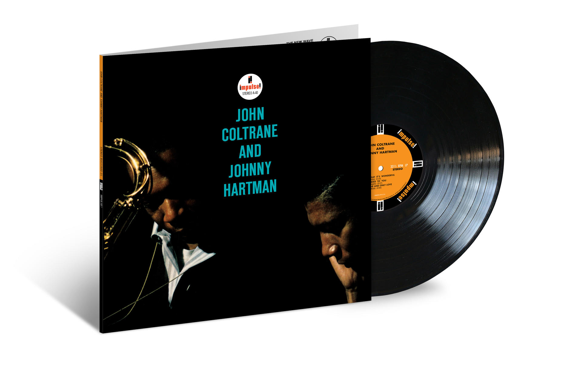 John Coltrane és Johnny Hartman albumának borítója. Fekete bakelit lemez jobbra. Coltrane arca részben látható egy szaxofonnal.