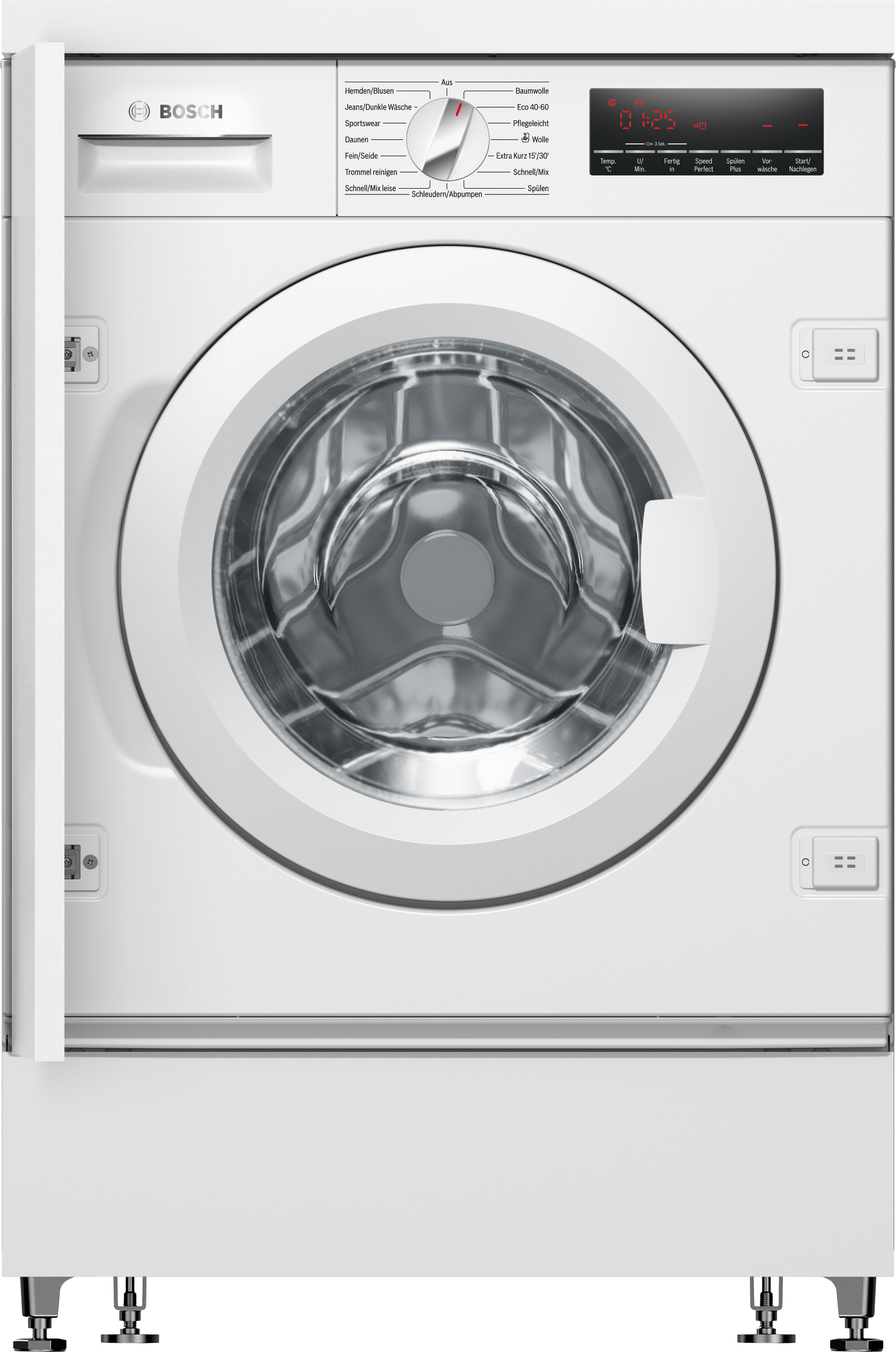 Weiße Bosch Waschmaschine mit offener Tür. Bedienelemente und Display sind sichtbar.