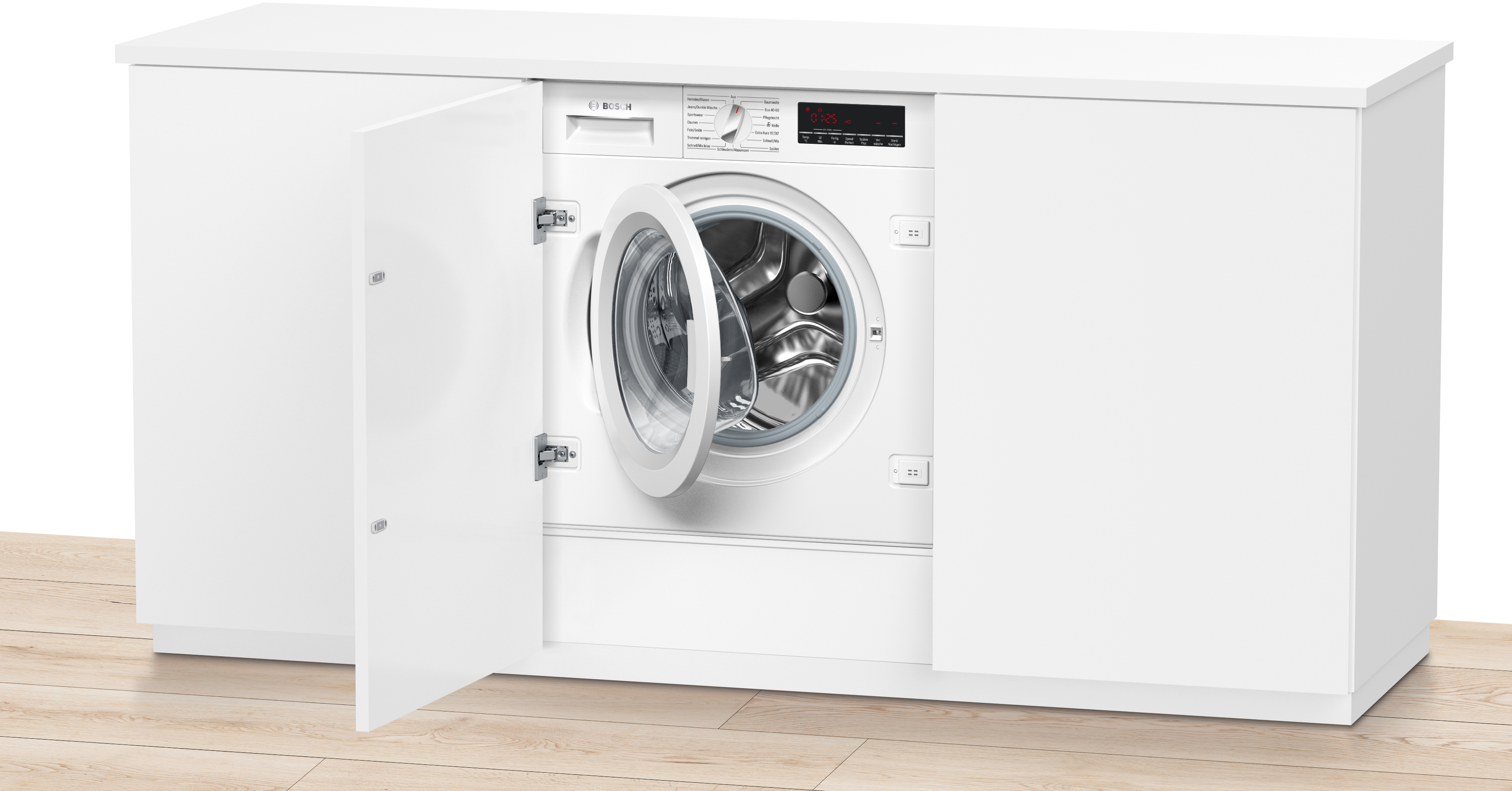 Weißer Schrank mit Waschmaschine, offener Tür und Holzboden, weißer Hintergrund.