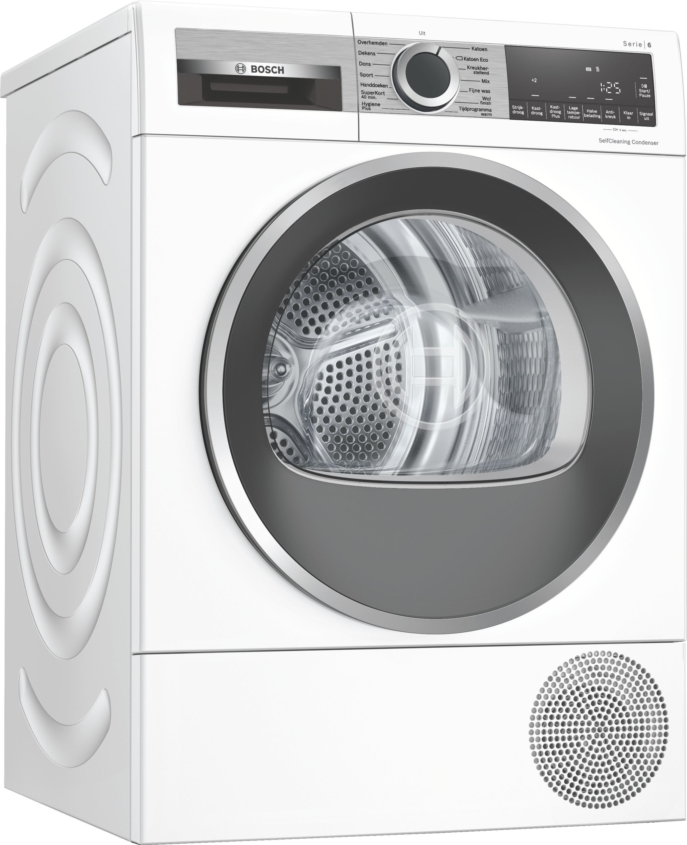 Een witte Bosch-droger, schuine weergave, met een donkergrijze deur en bedieningspaneel.