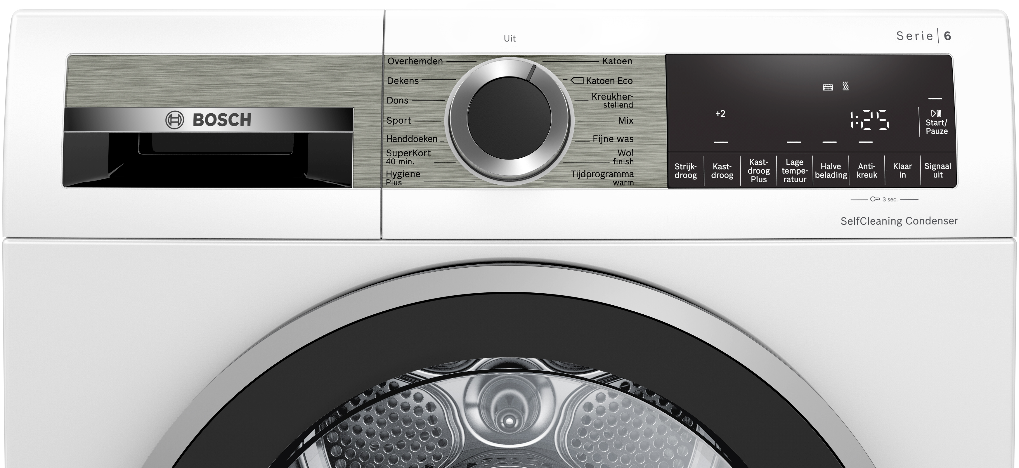 Bosch Serie 6 wasmachine detail. Bediening omvat draaiknop en display. Wit apparaat.