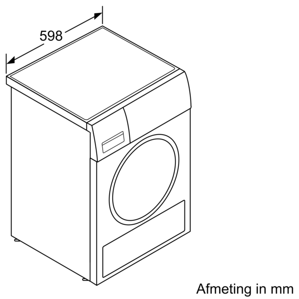 Een witte wasmachine, bovenaanzicht, met afmetingen van 598 mm op het bovenoppervlak.