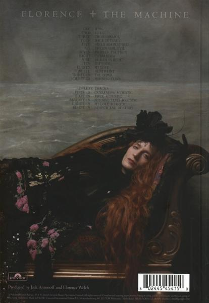 Florence + the Machine album borítója. Florence egy kanapén fekszik. Szöveg, dalszövegek.