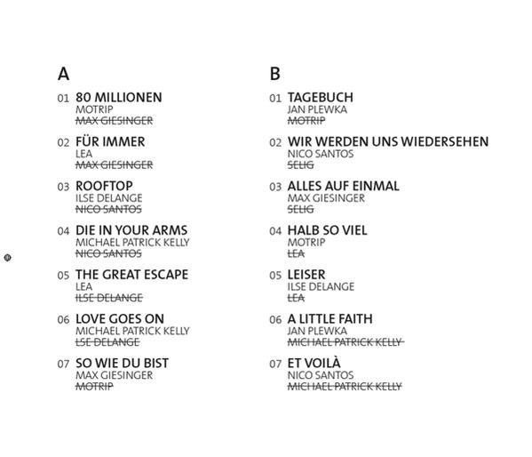 Eine weiße Seite mit zwei Listen von Songtiteln und Künstlern.