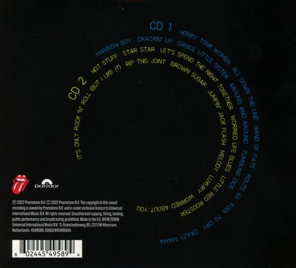 Dos d'un CD des Rolling Stones avec la liste des titres en design circulaire sur fond sombre.