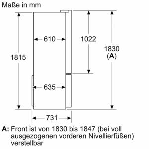 Diagramm mit Abmessungen eines Kühlschranks. Zeigt Höhe, Breite und Tiefenmaße.