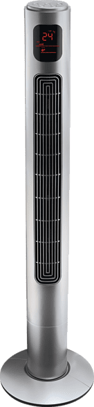 Ezüst toronyventilátor digitális kijelzővel, amely 24 fokot mutat. Fekete rács, kerek alap.