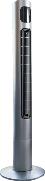 Magas ezüst oszcilláló ventilátor zöld háttérrel.
