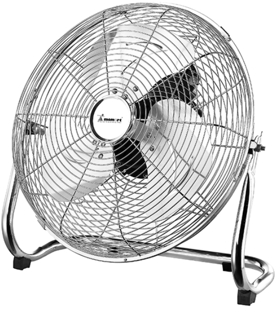 Ezüst fém ventilátor védőráccsal. Ívelt fém állványon.