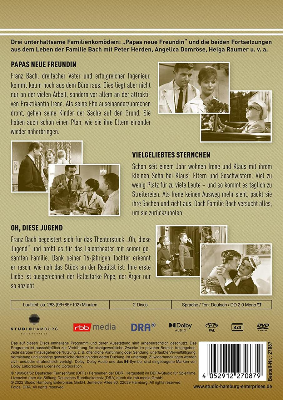 Rückseite einer DVD-Hülle mit deutschem Text und Bildern. Enthält 'Papas neue Freundin' und 'Oh, diese Jugend'.