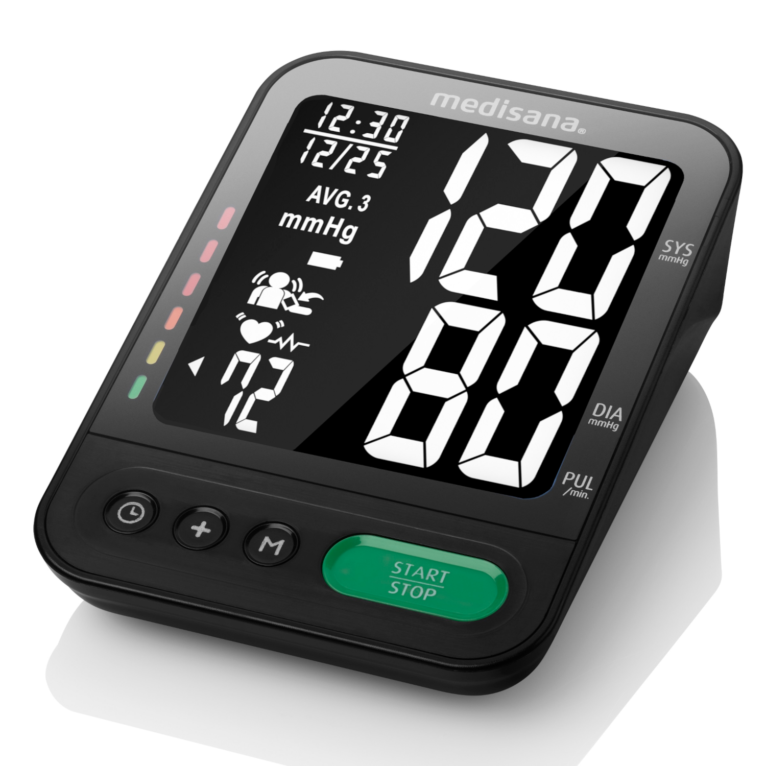 Zwarte bloeddrukmeter met digitaal display. Grote cijfers.