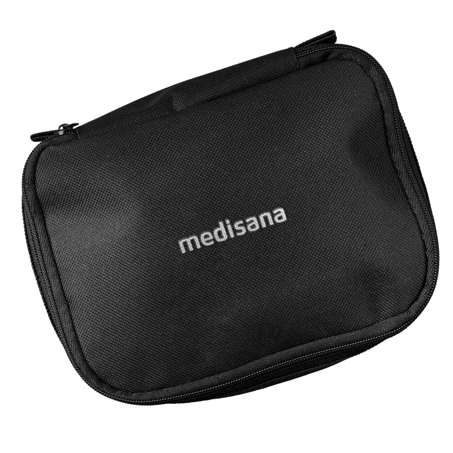 Een zwarte tas met rits en "medisana" erop.