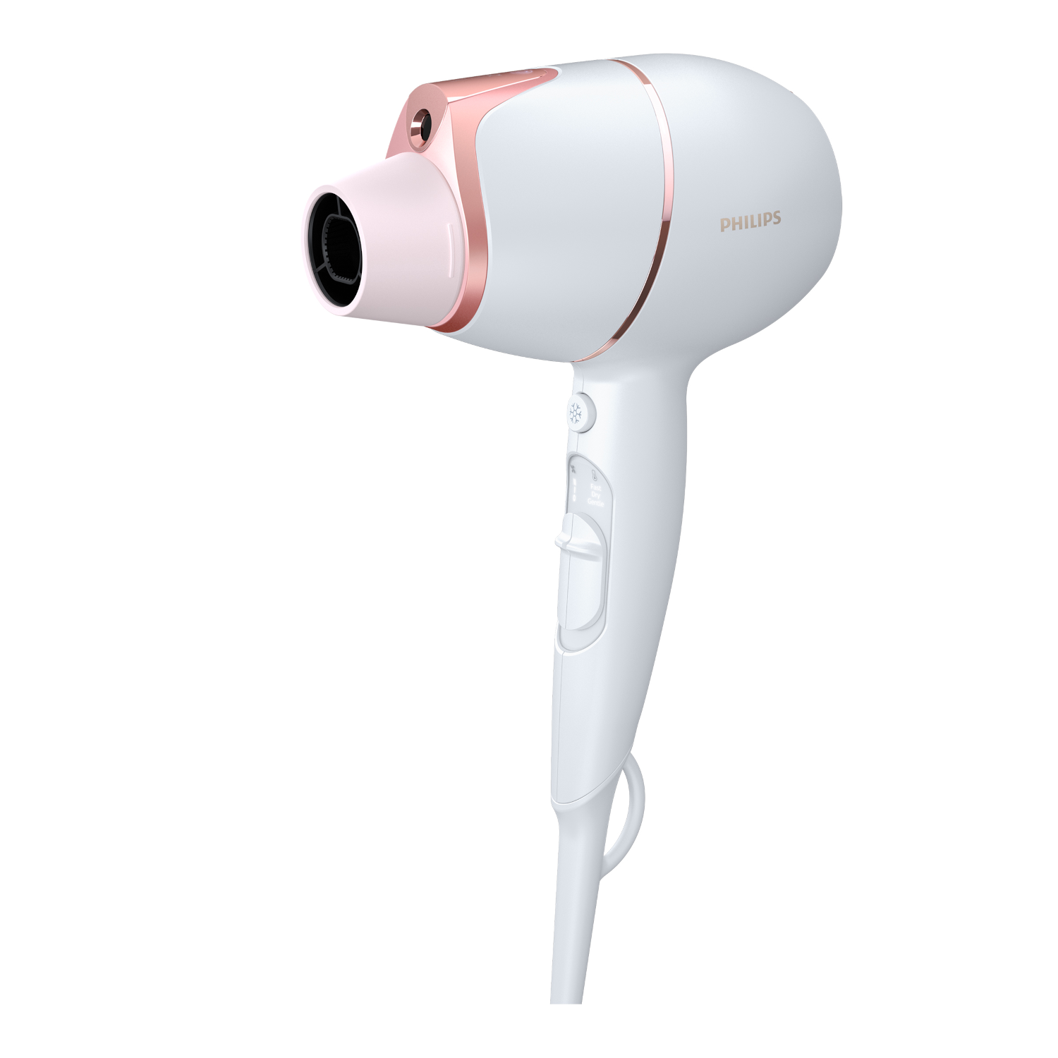 White hair dryer with pink accents, standing on a white surface.