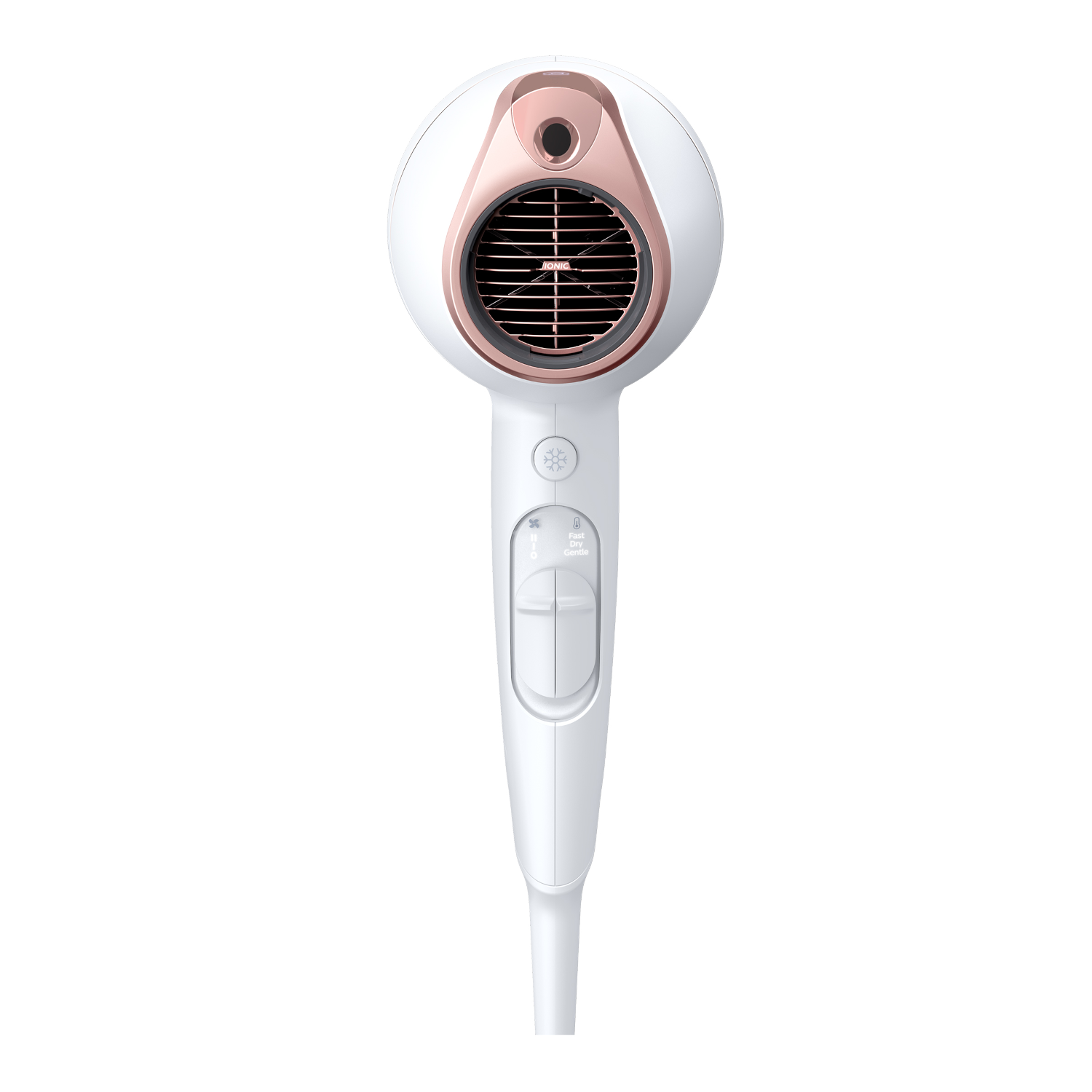 White and rose gold hair dryer. The device has a fan and control buttons. White background.