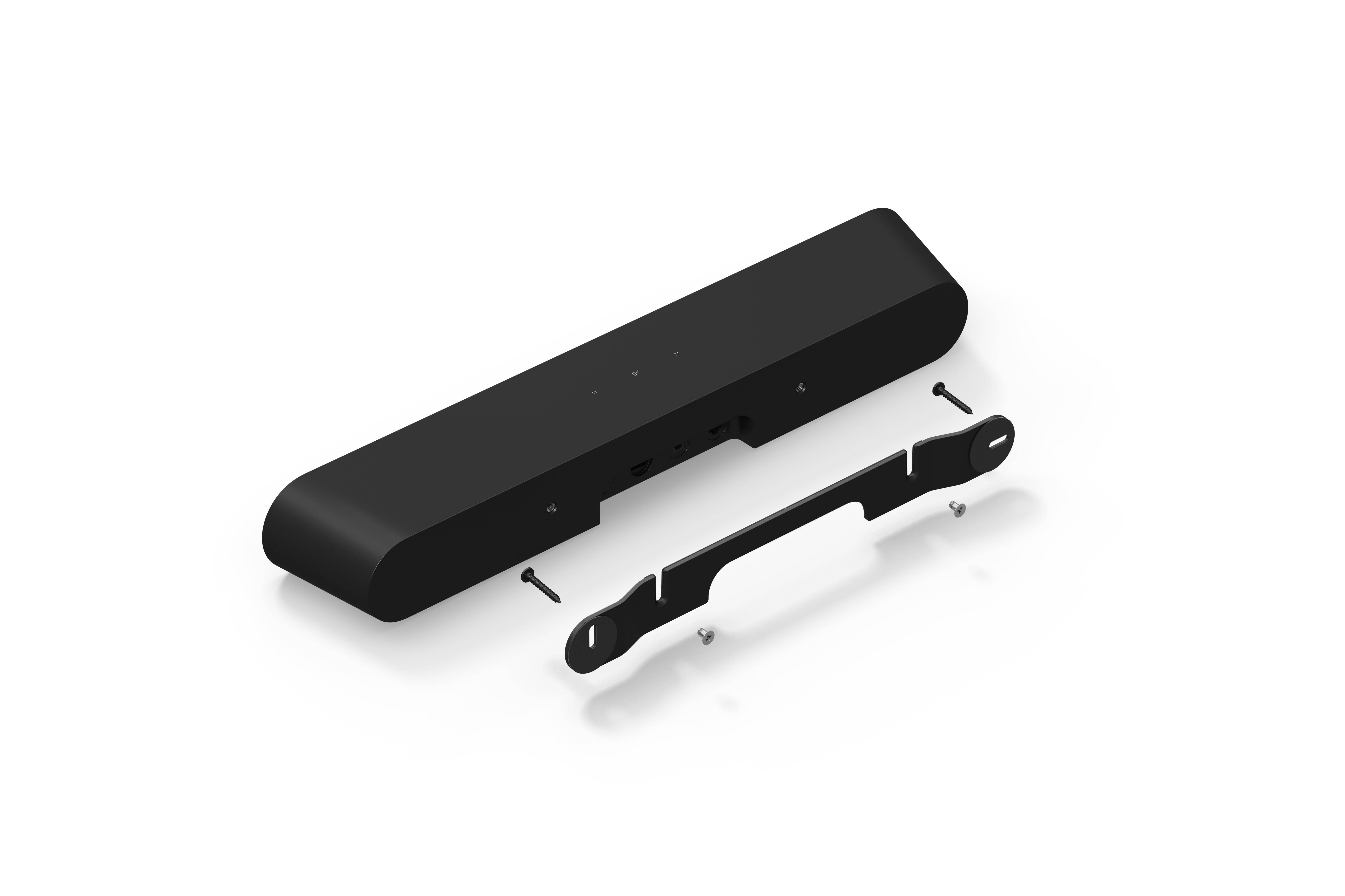 Eine schwarze Soundbar und eine Halterung mit Schrauben, alles auf weißem Hintergrund.