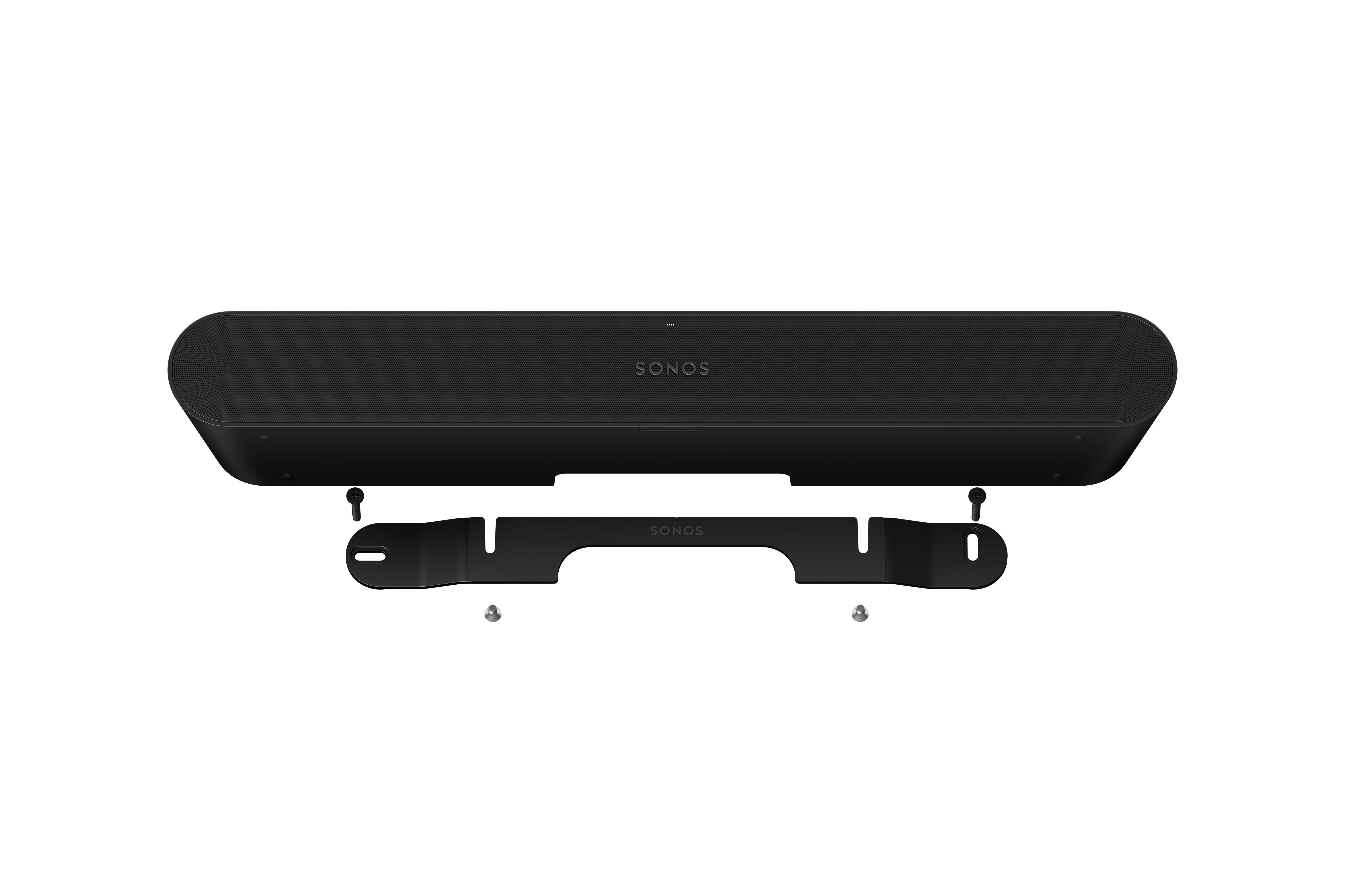 Eine schwarze Soundbar und ihre Montagehardware auf weißem Hintergrund.