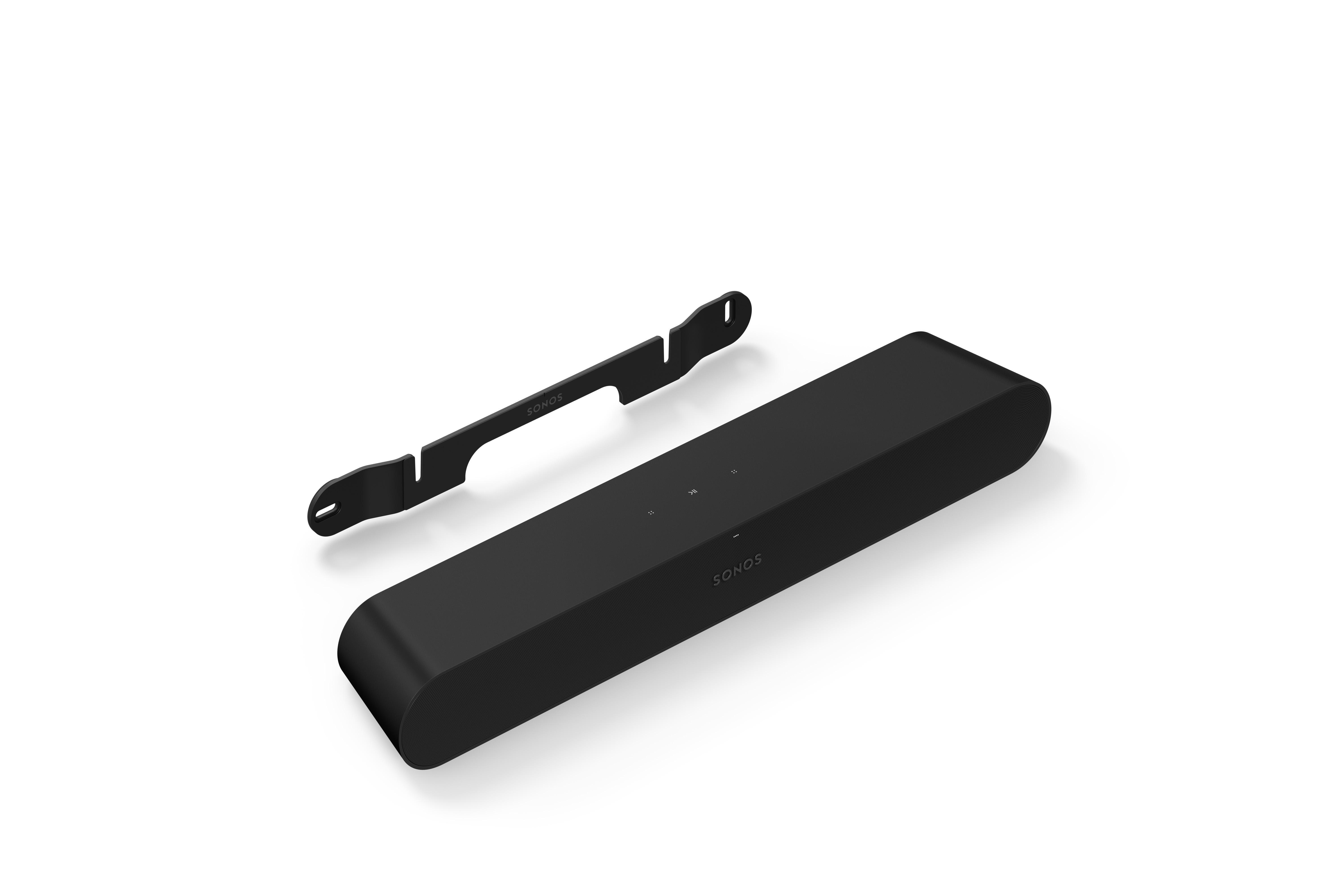 Schwarze Sonos Soundbar mit Halterung, beides vor weißem Hintergrund.