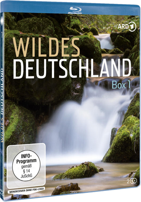 Blu-ray Disc Box, Wildes Deutschland, Wasserfall, grünes Moos, ARD1-Logo.